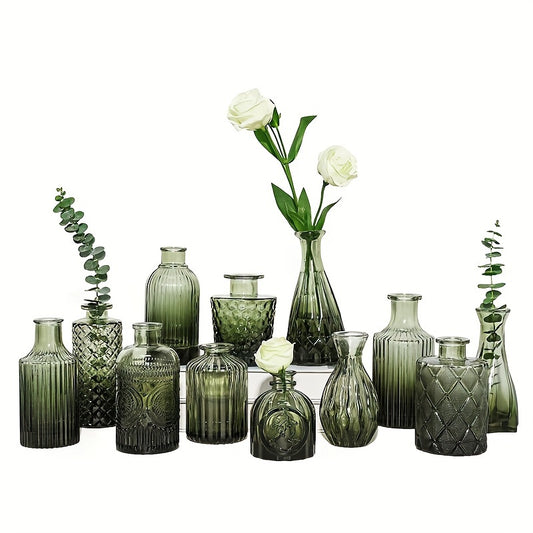 12pcs Vintage Green Glass Vase Set